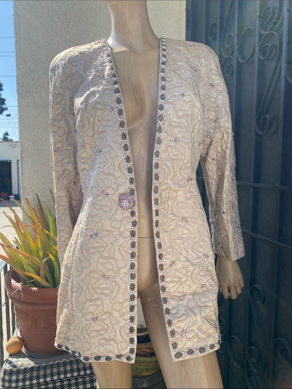 Beige Embroidery Embellished Long Intimate Jacket - Designer Style